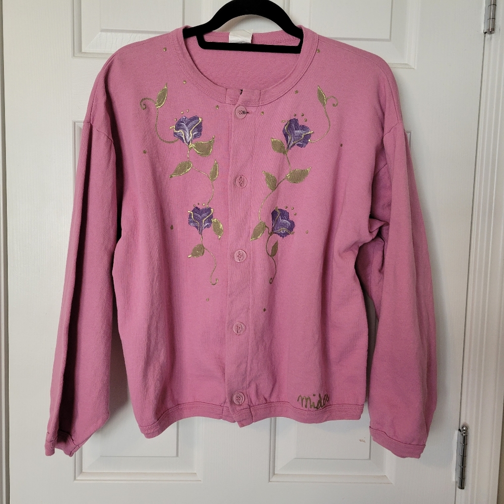 Handpainted Button Down Sweatshirt Dusty Rose w/Painted Florals Youth Sz 14/Lg